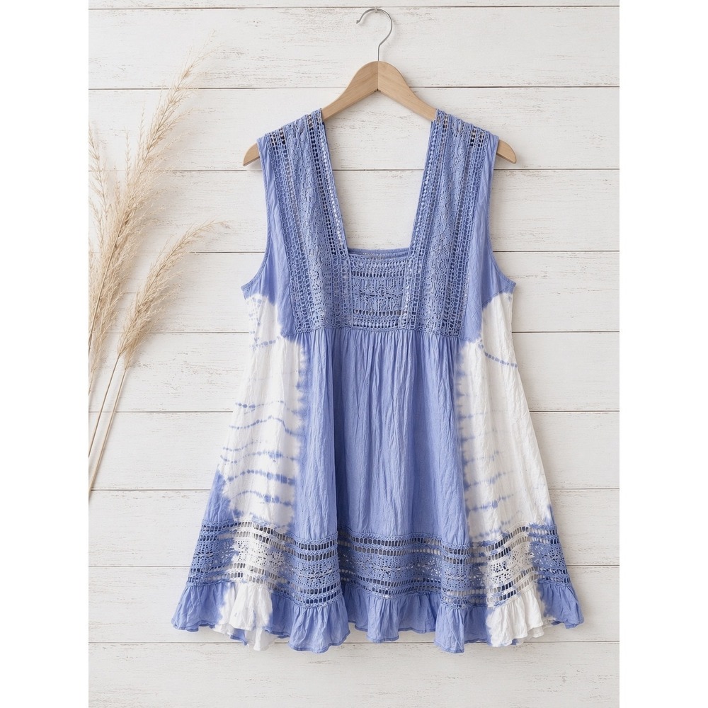 Sleeveless Lavender & White Tie-Dye Crochet-Detail Tunic